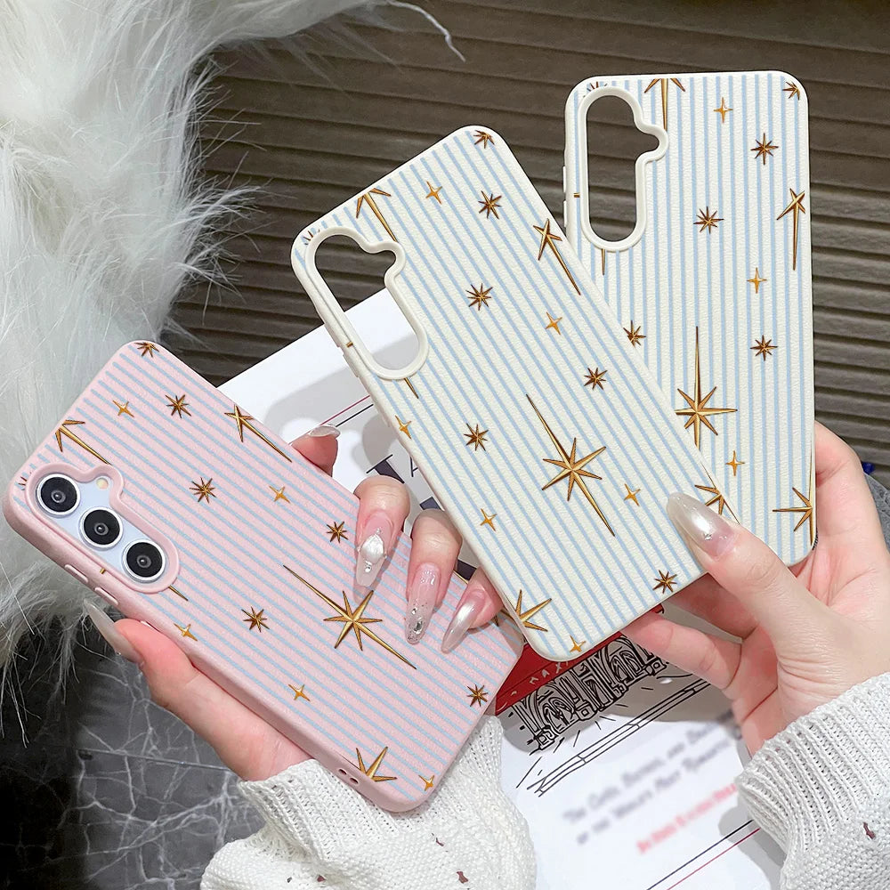 Phone Case for Samsung Galaxy S26 S25 S23 Ultra S24 FE A57 A56 A55 A54 5G A07 A06 4G Stripe Gold Star Textured Surface Anti-drop