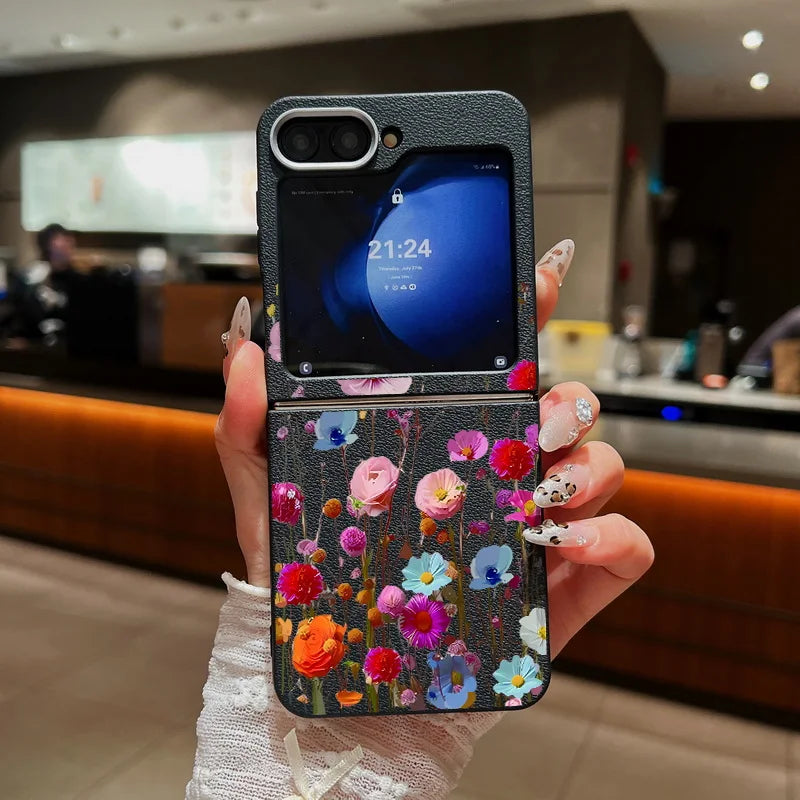 For Samsung Galaxy Z Flip 7 6 5 4 3 5G Luxury Leather Phone Case Retro Flowers Soft TPU Folding Cover For Samsung Z Flip5 Flip3