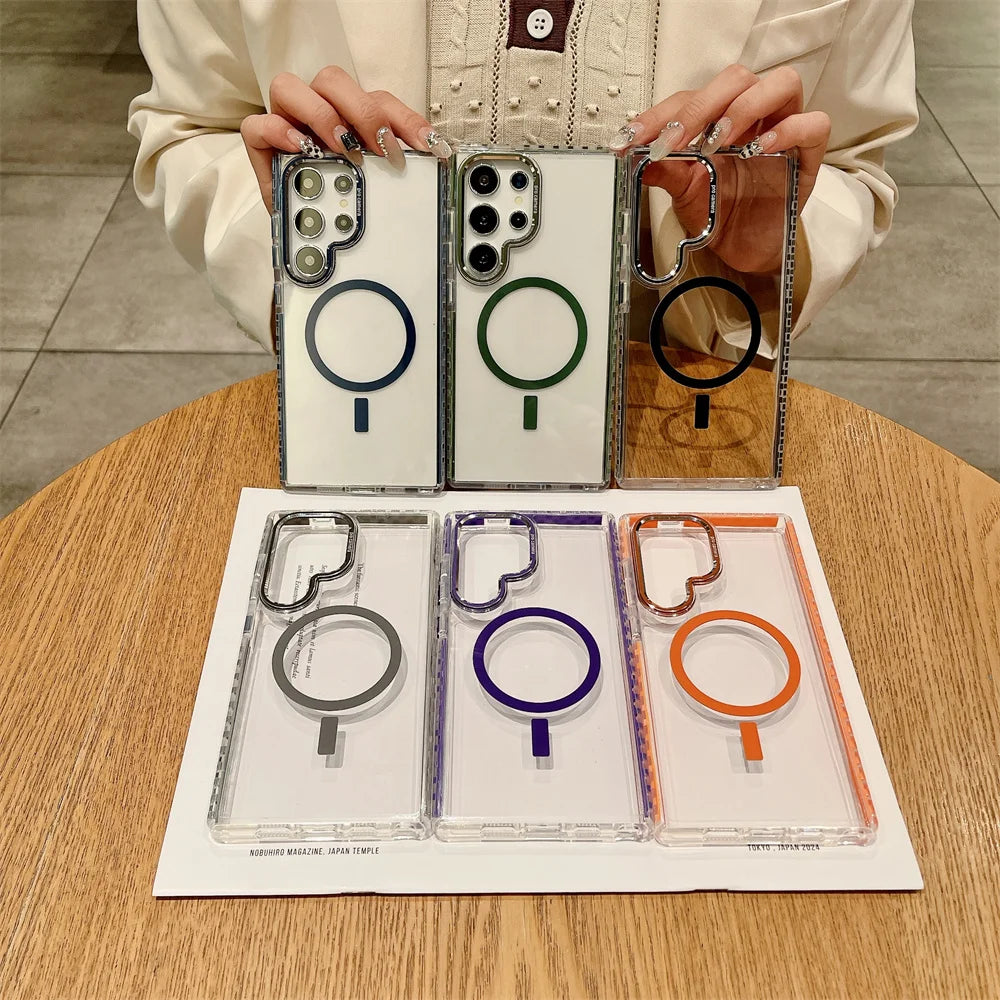 Magnetic for Magsafe Colorful Border Phone Case For Samsung Galaxy S25 S24 Plus S23 S22 Ultra S25Ultra Slim Transparent Cover