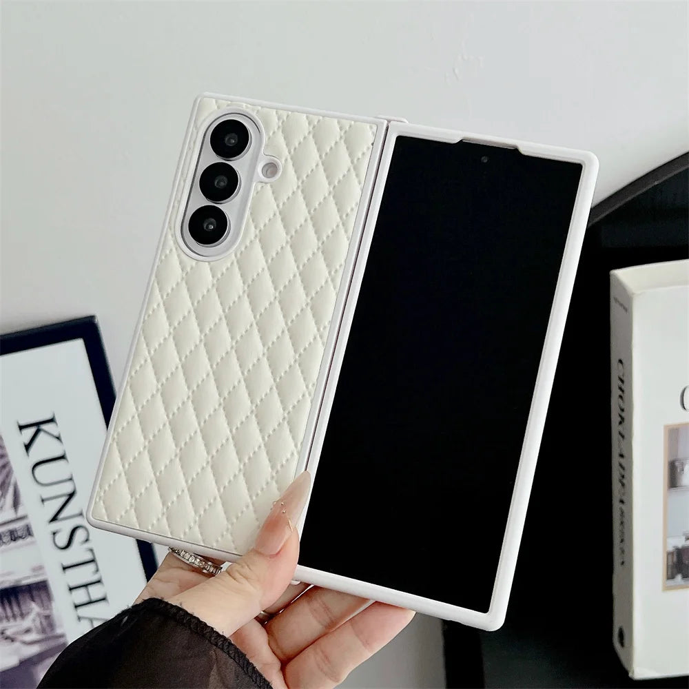 Luxury Lingge Sheepskin Folding Case Shell For Samsung Galaxy Z Fold 3 4 5 6 7 5G Advanced Anti Shock Protective Cover