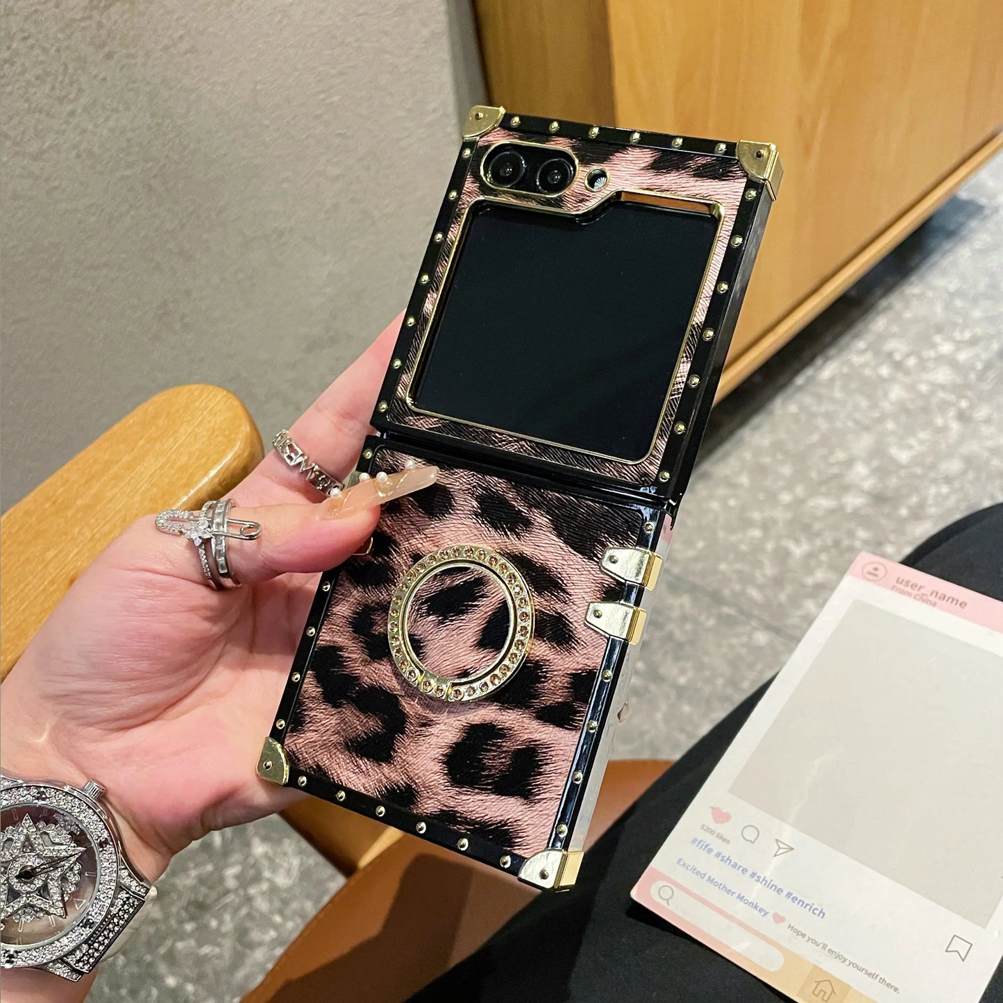 Leopard Pattern Leather Square Premium Gold Frame Soft Case For Samsung Galaxy Z Flip 7 6 5 4 3 5G Flip 7 Fe Cover With Bracket