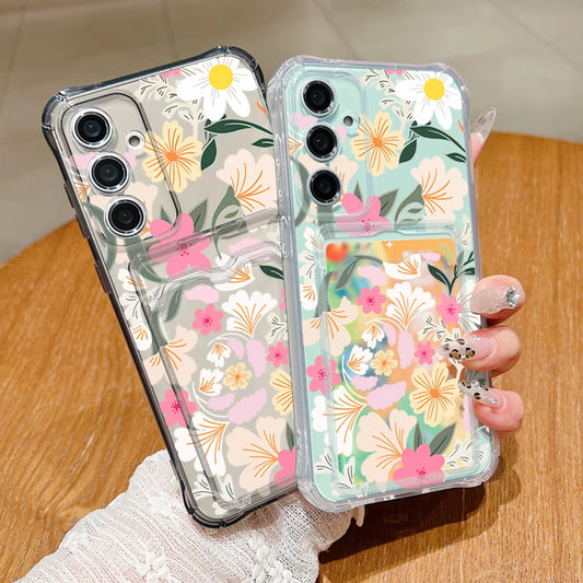 Flower Card Bag Wallet Clear Case For Samsung Galaxy S25 S24 S22 Ultra S23 S21 FE A55 A54 A35 A25 A15 A16 5G A06 TPU Phone Cover