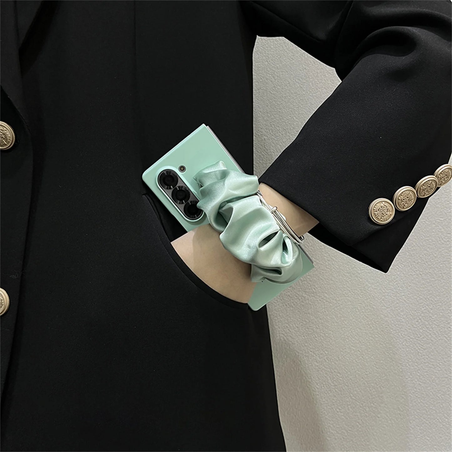 Senior Classic Korean Solid Color Phone Case with Silk Scarf Wristband for Samsung Galaxy Z Fold7 Z Fold6 Z Fold5 ZFold4 3 Cover