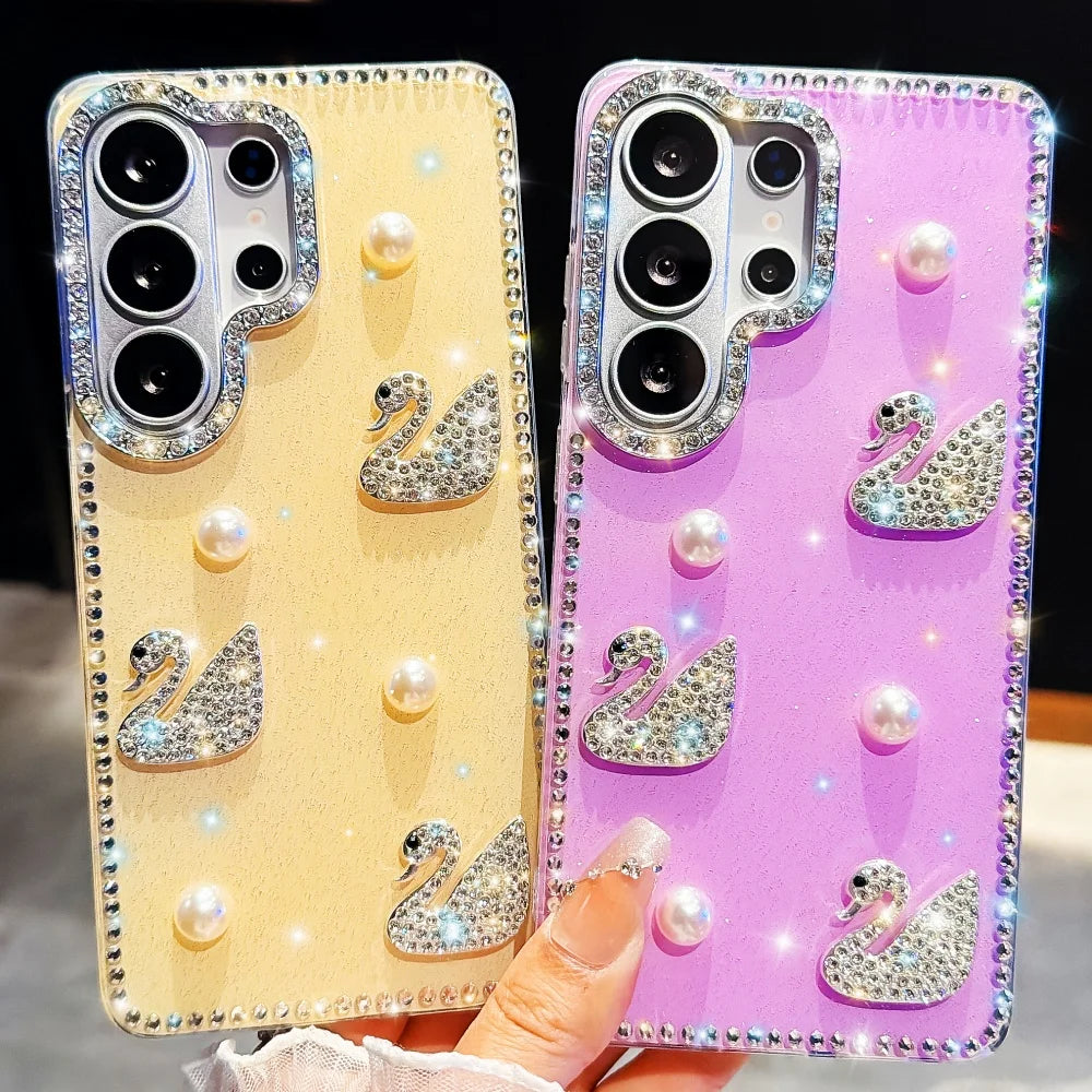 Luxury Diamond Swan Cover For Samsung Galaxy S26 Ultra S26 Plus Laser Heart Case For Samsung S23 S24 Ultra S25 Plus Pearl Case