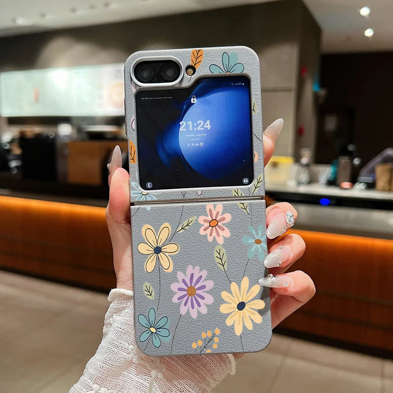 For Samsung Galaxy Z Flip 5 6 3 4 5G Cartoon Flowers Soft Case Leather Texture TPU Folding Phone Cover For Samsung Z Flip5 Flip4