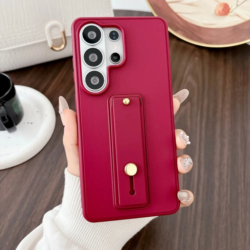 Luxury Plain Wrist Strap Holder Phone Case For Samsung Galaxy S26 S25 S24 S23 S22 Ultra Plus Wristband Protection Cover Bumper