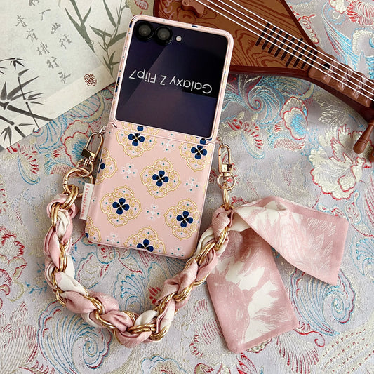 Luxury Embroidery Flowers Phone Case For Samsung Galaxy Z Flip 7 6 5 Flip 7FE Fashion Folding Protection Cover with Ribbon Chain