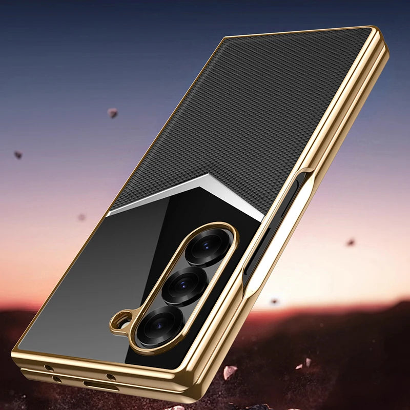For Samsung Galaxy Z Fold 7 6 5 4 3 Electroplated PC Color Blocked Leather Tempered Film Shockproof Folding Phone Case