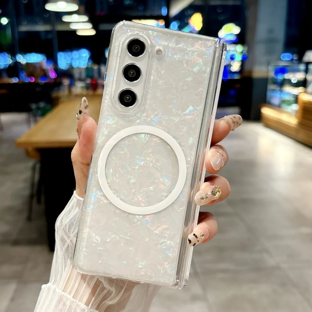 Dreamy Shell Pattern Magnetic Hinge Case For Samsung Galaxy Z Fold 7 6 5 4 5G Wireless Charging Ultra Thin Hard PC Bumper Cover