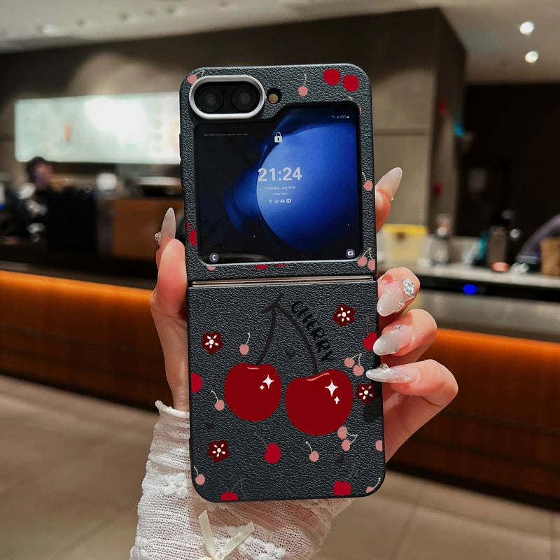 For Samsung Galaxy Z Flip 3 4 5 6 5G Leather Texture Phone Case Cherry Pattern Soft TPU Folding Cover For Samsung Z Flip5 Flip4