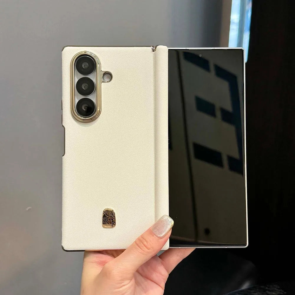 Luxury Leather Glossy Frame Case For Samsung Galaxy Z Fold7 Fold 7 5G Dual Axis Double Hinge Shockproof Armor Back Cover