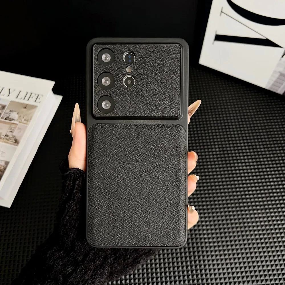 Light luxury Leather Thin Phone Case For Samsung Galaxy S26 Ultra S25 Plus S24 FE Large Window Camera Protection Matte Cover