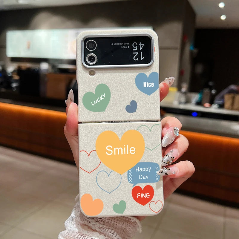 For Samsung Galaxy Z Flip 6 5 4 3 5G Leather Texture Phone Case Love Heart Pattern Soft TPU Folding Cover For Samsung Z Flip5