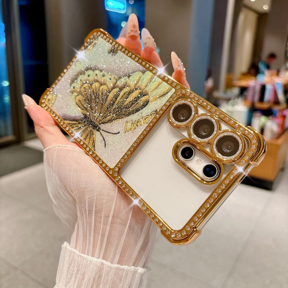Bling Glitter Diamond Butterfly Phone Case For Samsung Galaxy S26 S25 S24 S23 S22 Ultra Lens Protection Plating Shockproof Cover