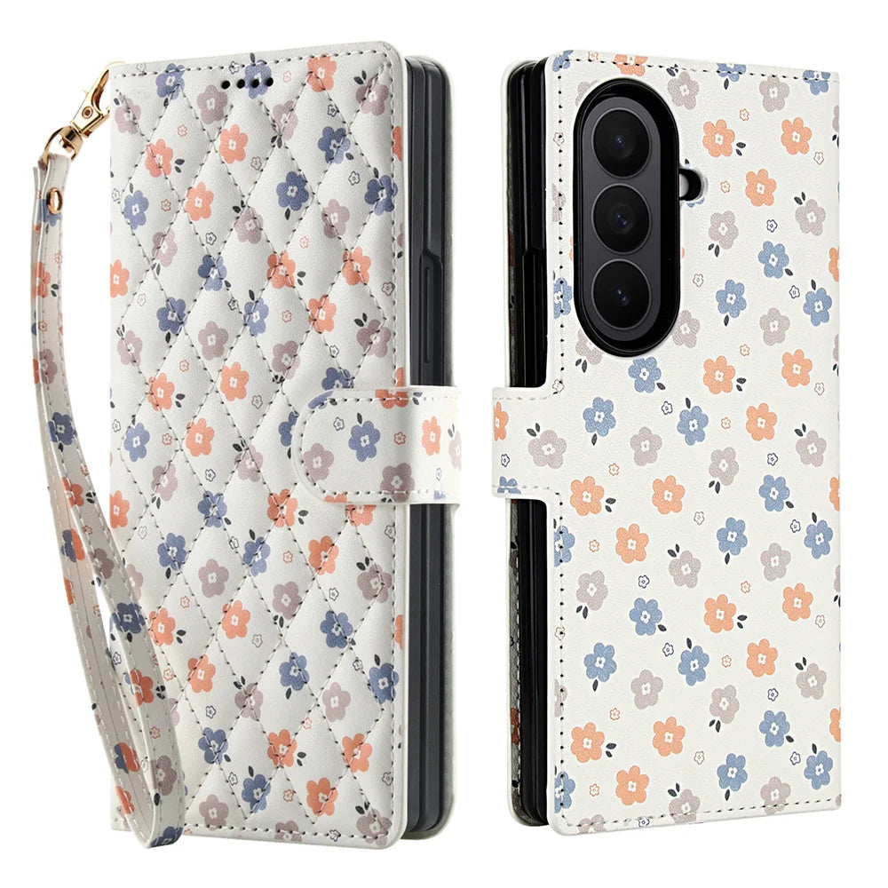Luxury White Leather Colorful Flowers Wallet Flip Phone Case For Samsung Z Fold 7 6 5 4 5G Soft Wrist Strap Shockproof Cover