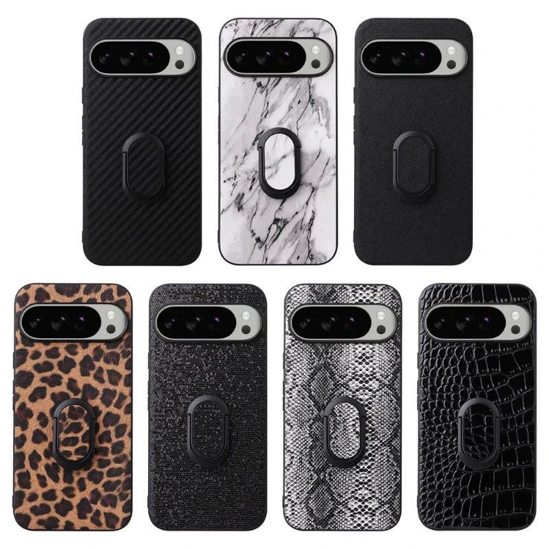 For Google Pixel 10 Pro 8 7 6 9 Pro XL 9A 8A 7A Leather Case With Finger Ring Holder Carbon Fiber Saffiano Leopard Print Cover