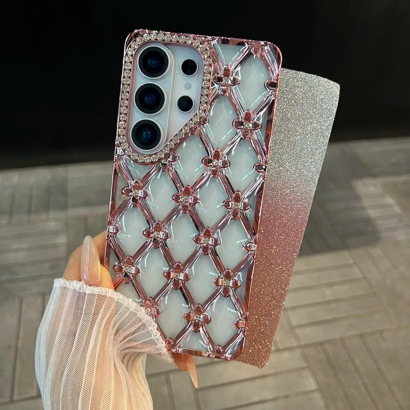 Glitter Diamond Rhombus Bracelet Chain Phone Case For Samsung Galaxy S26 Ultra S23 S24 S25 Plus Ultra A16 Cover With Lanyard