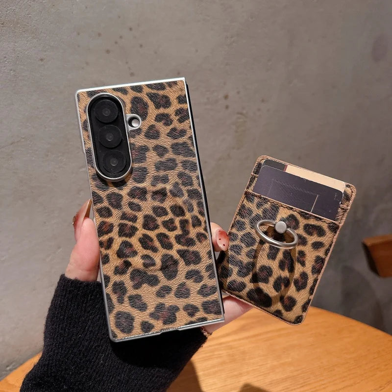 Fashion Leopard Print Magnetic Phone Case For Samsung Z Fold 7 6 5 4 ZFold5 Fold7 Cover with Magsafe Card Slot Holder Cute Cases