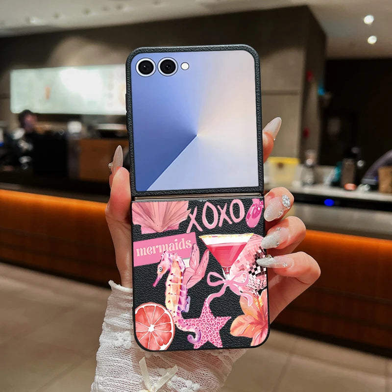 Shell Flower Print Phone Case For Samsung Galaxy Z Flip 7 FE 6 5 4 3 Folding Leather Texture Soft TPU Cover For Samsung Z Flip7