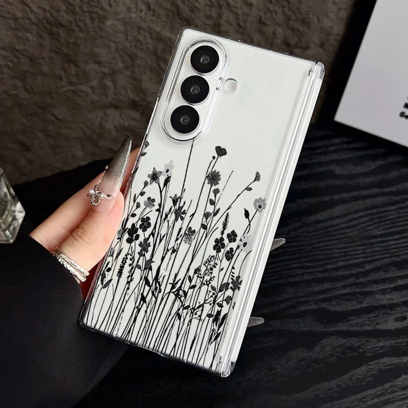 Magnetic Adsorption Clear Phone Case For Samsung Galaxy Z Fold 7 6 5 Fold7 Fold6 Fold5 5G Flowers Pattern Shockproof Hard Cover