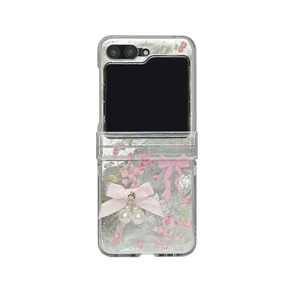 Korean Cute Bowkont Flower Ornament Hinge Phone Case For Samsung Galaxy Z Flip 7 6 5 Flip6 Flip5 Flip7 Cases Cover with Chain