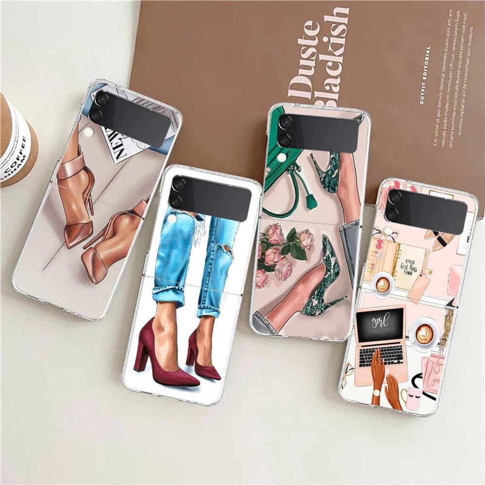 Fashion Girl Pumps Phone Case For Samsung Galaxy Z Flip 7 6 5 4 3 For Samsung Flip7 Flip6 Flip5 Shockproof Hard Folding Cover