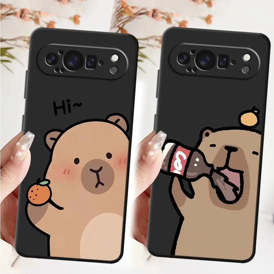 Phone Case for Google Pixel 7a 6 7 8 Pro 9a 10 9 Pro XL 8a 6a Black Soft Shell Cute Capybara Cartoon