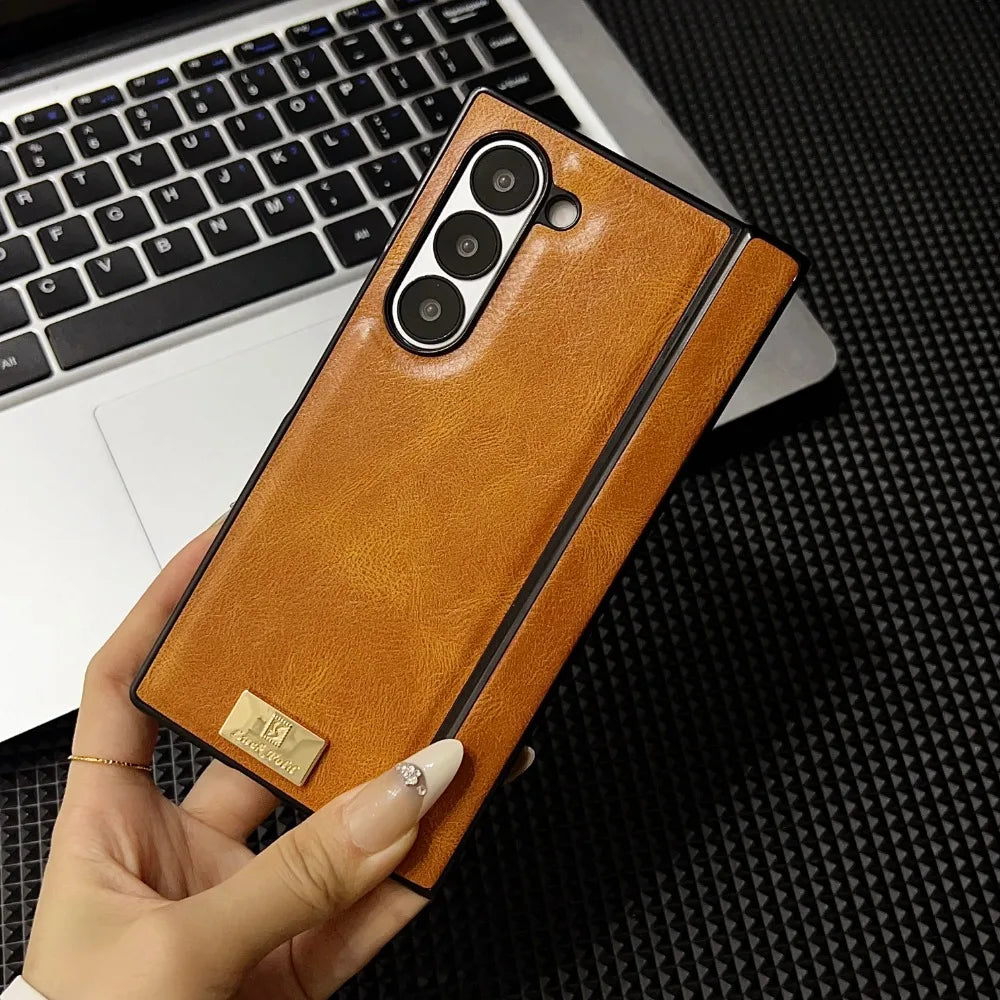 Retro Leather Hard Shell Shockproof Phone Case for Samsung Galaxy Z Fold 6 5 4 3 Fold6 Fold5 Fold4 Fold3 Hinge Protective Cover