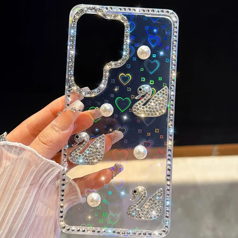 Luxury Diamond Swan Cover For Samsung Galaxy S26 Ultra S26 Plus Laser Heart Case For Samsung S23 S24 Ultra S25 Plus Pearl Case