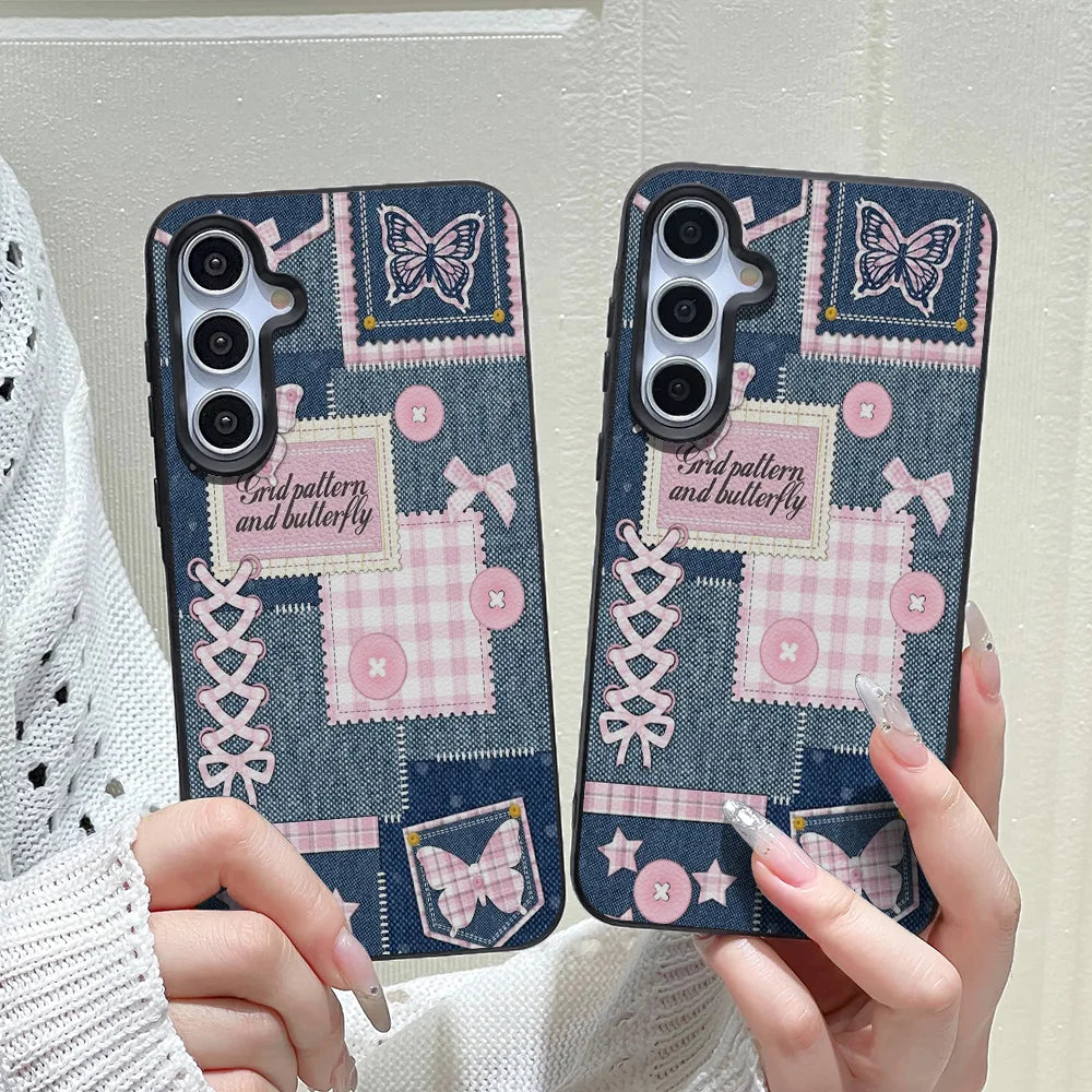 Phone Case for Samsung Galaxy S26 S25 S23 Ultra S24 FE A57 A56 A55 A54 A53 A16 5G A07 A06 A15 4G Cases Denim Patchwork Butterfly