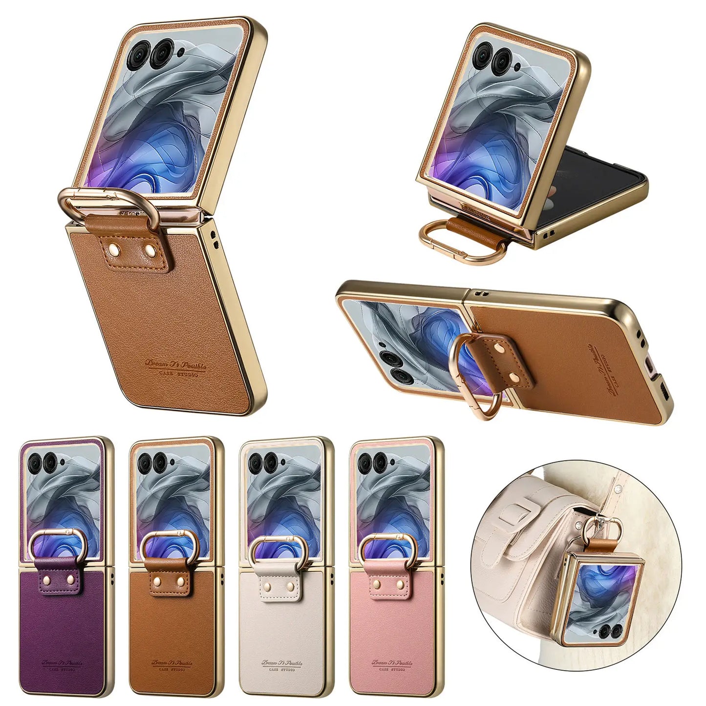 Luxury Business Ring Holder Leather Case For Motorola Razr 60 50 Ultra Shockproof Slim Electroplated edge Skin Feeling Cover