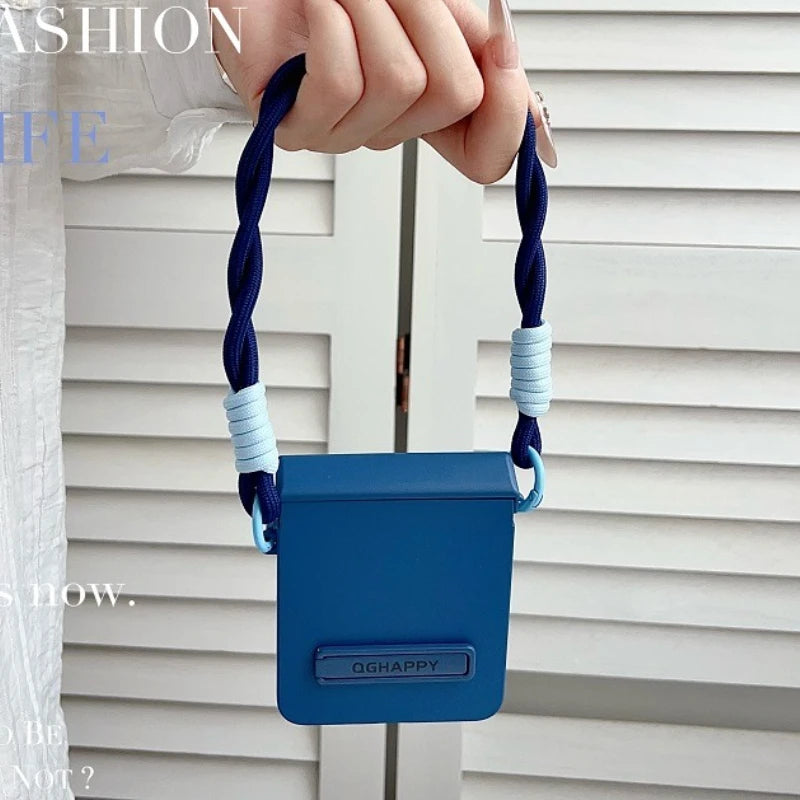 Korean Cute Gradient Color Phone Case For Samsung Galaxy Z Flip 7 6 5 4 3 ZFlip7 Flip6 5G Anti-lost Hand Strap Holder Back Cover