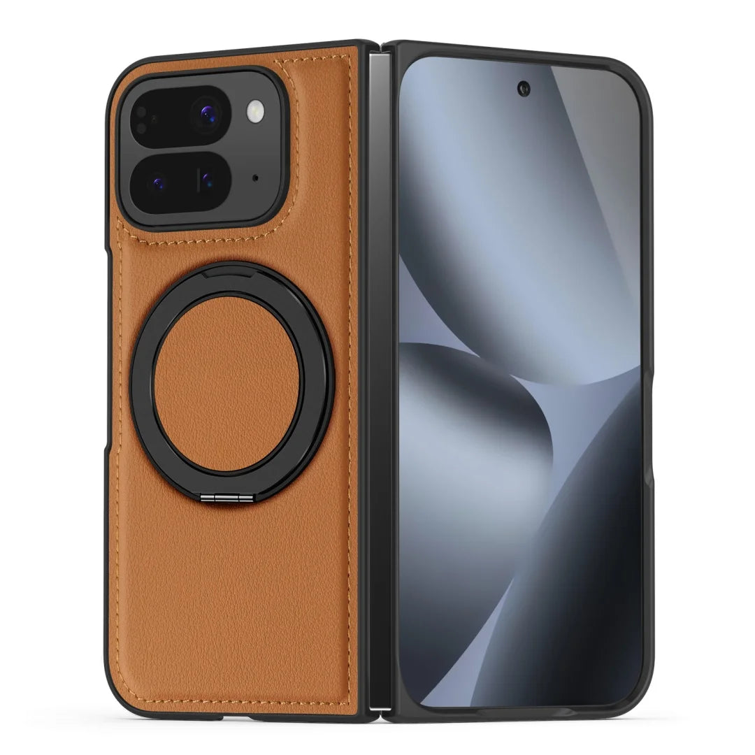 Embossed PU Leather Case For Google Pixel 10 Pro Fold Magnetic 360° Rotation Metal Stand Comfort Grip Case Cover