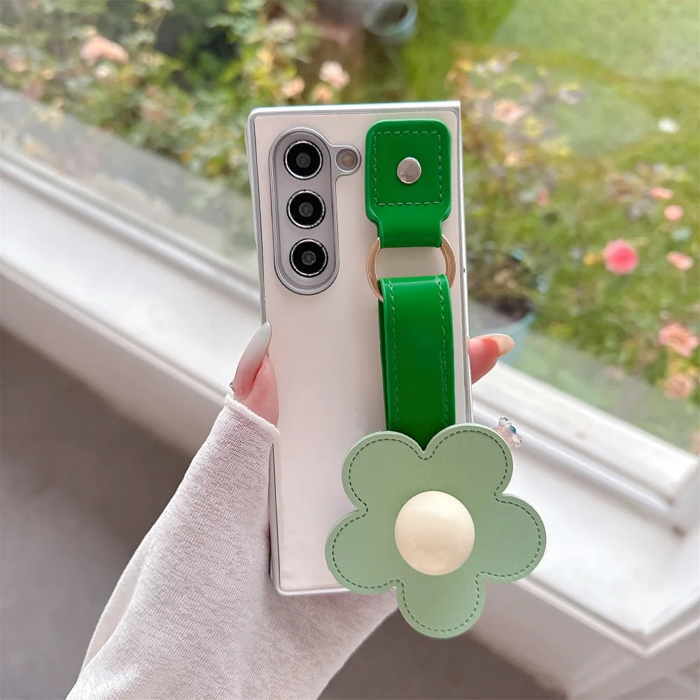 For Samsung Galaxy Z Fold7 Fold 7 6 5 4 3 Zfold6 3D Flowers Leather Wristband Phone Case Plating Silver Frame Shockproof Cover