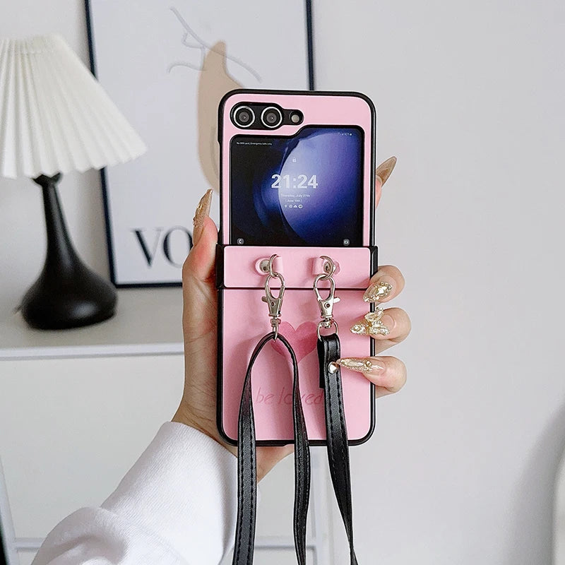 Fashion Simple Love Heart Strap Rope Cord Chain Necklace Lanyard Phone Case For Samsung Galaxy Z Flip 5 4 3 Z Flip6 TPU Cover