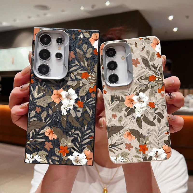 Flower Leaves Case For Samsung Galaxy A55 A35 A25 A15 5G A54 A34 A14 A53 A52 A16 S20 S21 FE S22 S23 S24 Ultra Leather Texture