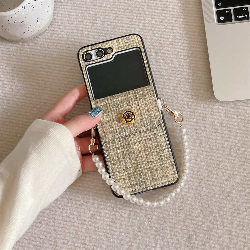 For Samsung Galaxy ZFlip7 Z Flip 7 6 5 4 3 Flip6 Flip5 Flip4 Flip3 5G Case Luxury Texture PU Leather Card Holder Wrist Strap