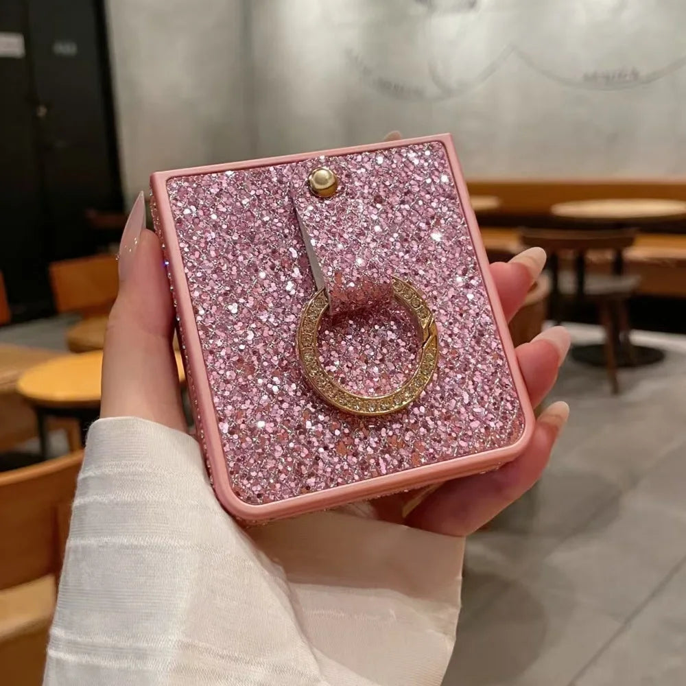 Luxury Shiny Diamonds Ring Phone Case For Samsung Galaxy Z Flip 7 6 5 4 Glitter Shockproof Protective Folding Cover