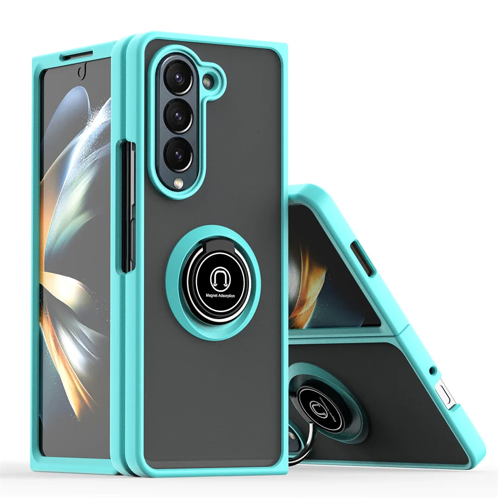 Matte Rotating Holder Magnetic Phone Case For Samsung Galaxy Z Fold 7 6 5 4 3 Car Ring Armor Shockproof Cover