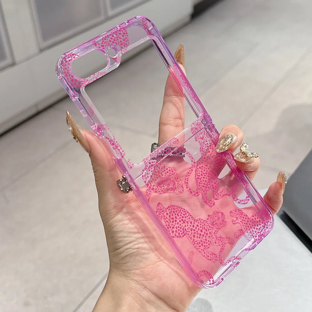Fashion Pink Leopard Phone Case for Motorola Moto Razr 40 50 60 Ultra 5G Semi-transparent Foldable Soft TPU Cover