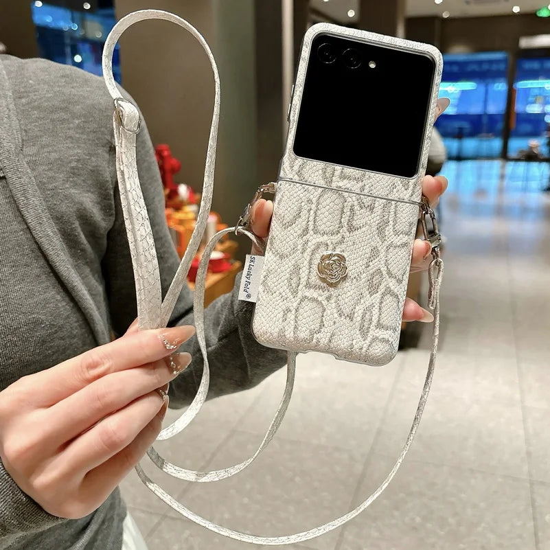 Python Skin Pattern Side Buckle Camellia Decorated Case For Moto Razr 60 Ultra Motorola Razr 50 Ultra 2025 Protective Cover