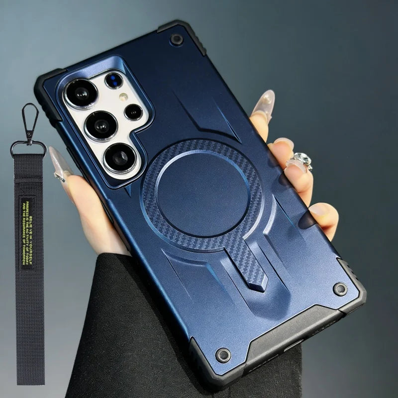 Luxury Carbon Fiber Pattern Magnetic Armor Case for Samsung S25 S24 S23 Ultra Plus Edge FE A35 A55 A36 A56 A16 A26 A17 A15 A14