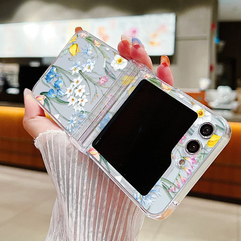 Flower Pattern Folding Case For Samsung Galaxy Z Flip7 FE Flip7 Flip6 Clear Shockproof Cover For Samsung Galaxy Z Flip 7 6 5 4 3