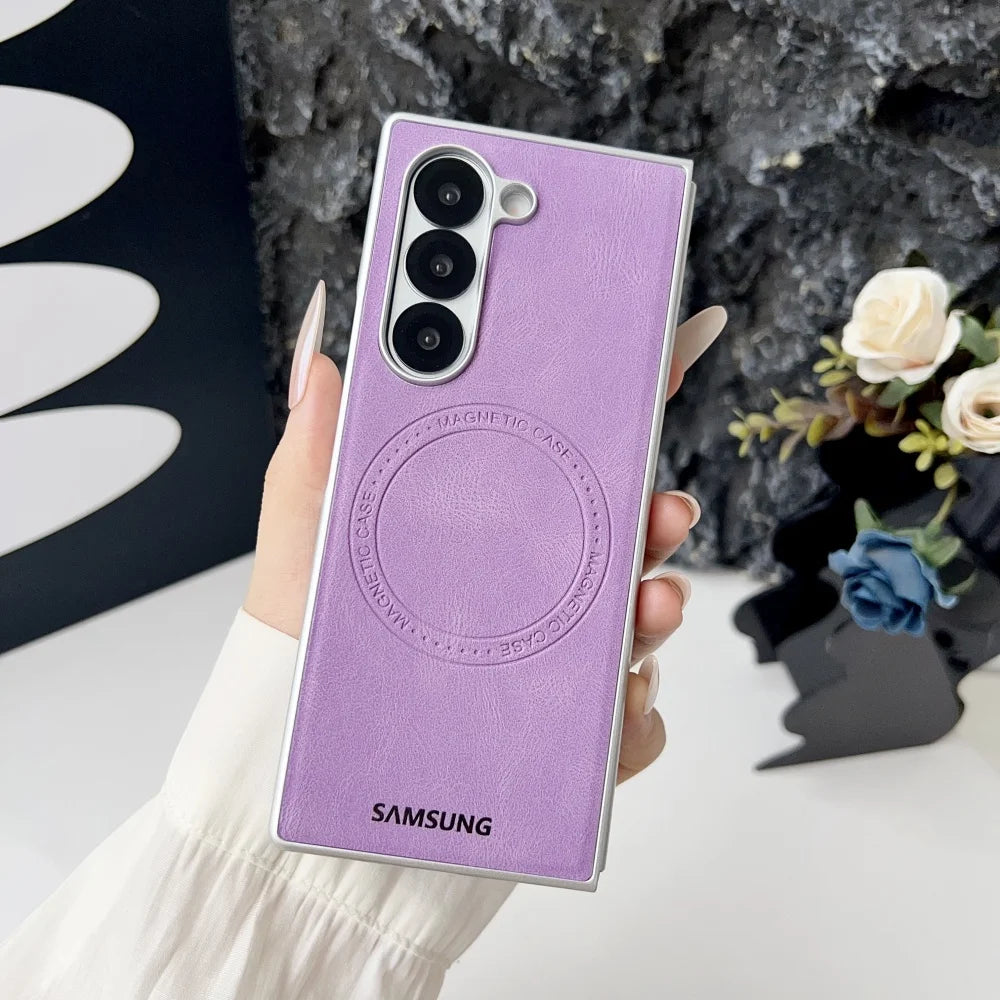 Retro Leather Cover Samsung Galaxy Z Fold 7 6 5 4 Magsafe Wireless Charging Cover For Galaxy Fold6 Fold7 Hard Shockroof Case