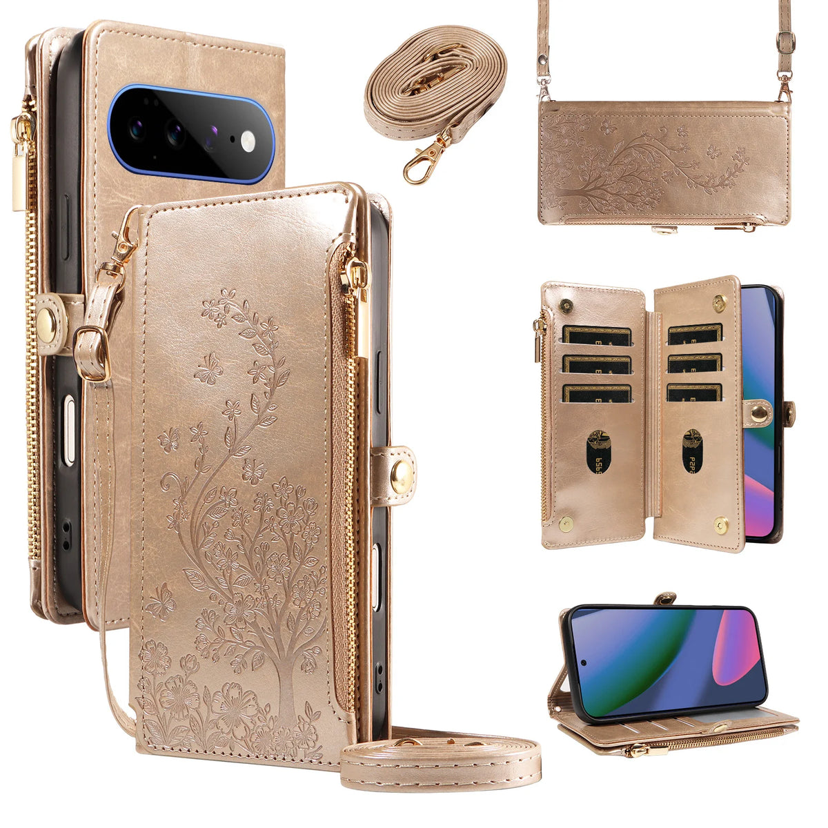 Embossed Flip Zipper Wallet Protective Case for Google Pixel 11 Pro XL 10A 9 8 7 Pro Phone Case with Cross-Shoulder Strap, Coin and Card Slots, Faux Leather Phone Cover