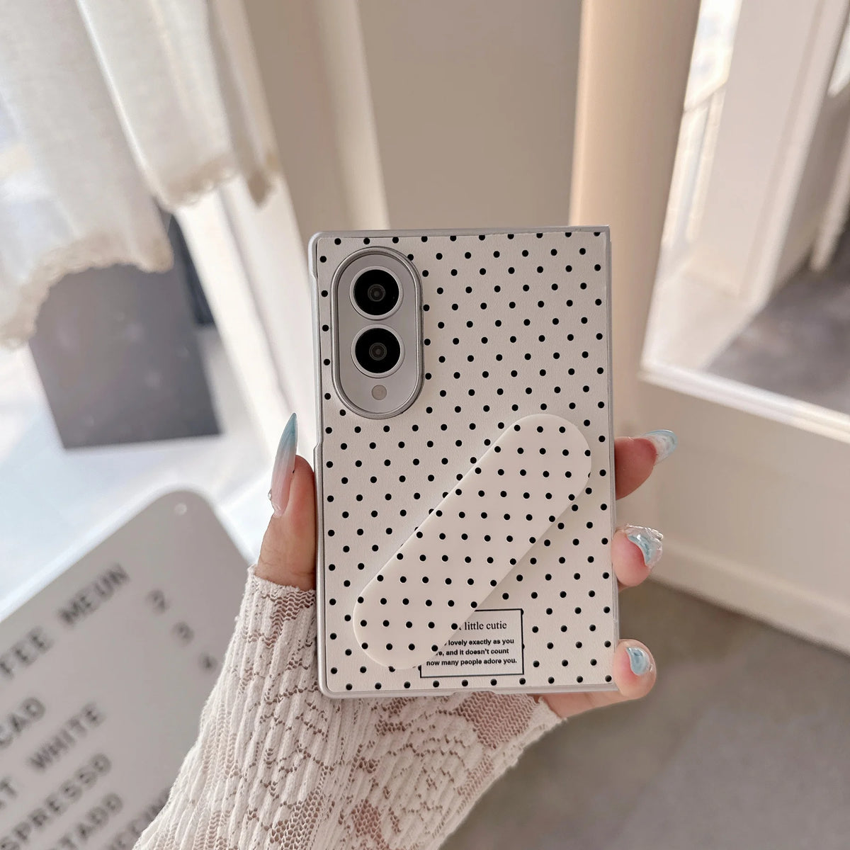 Creative Korean Full Screen Polka Dots Phone Case with Band-Aid Bracket for Samsung Galaxy Z Fold 8 Wide Z Fold 8 Back Cover