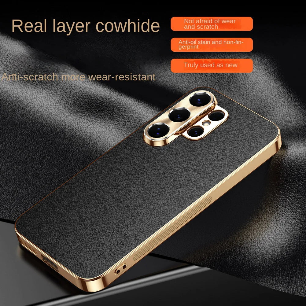 First Layer of Cowhide Lychee Texture Electroplated Frame Case For Samsung S26 Ultra S26 + Galaxy S25 Ultra S25 FE Edge Cover