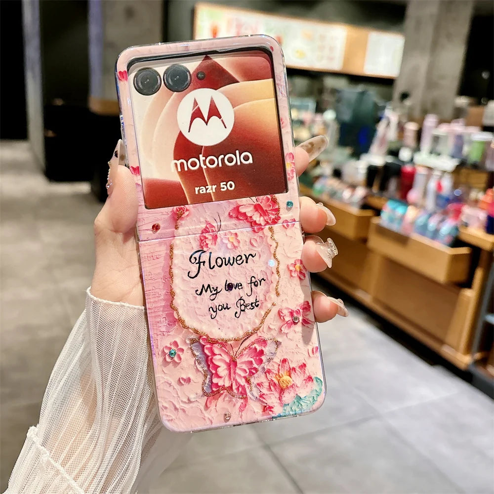 Oil Painting Butterfly Pattern Phone Case For Motorola Moto Razr 50 Ultra Jewelled Protection PC Hard Shell Back Cover