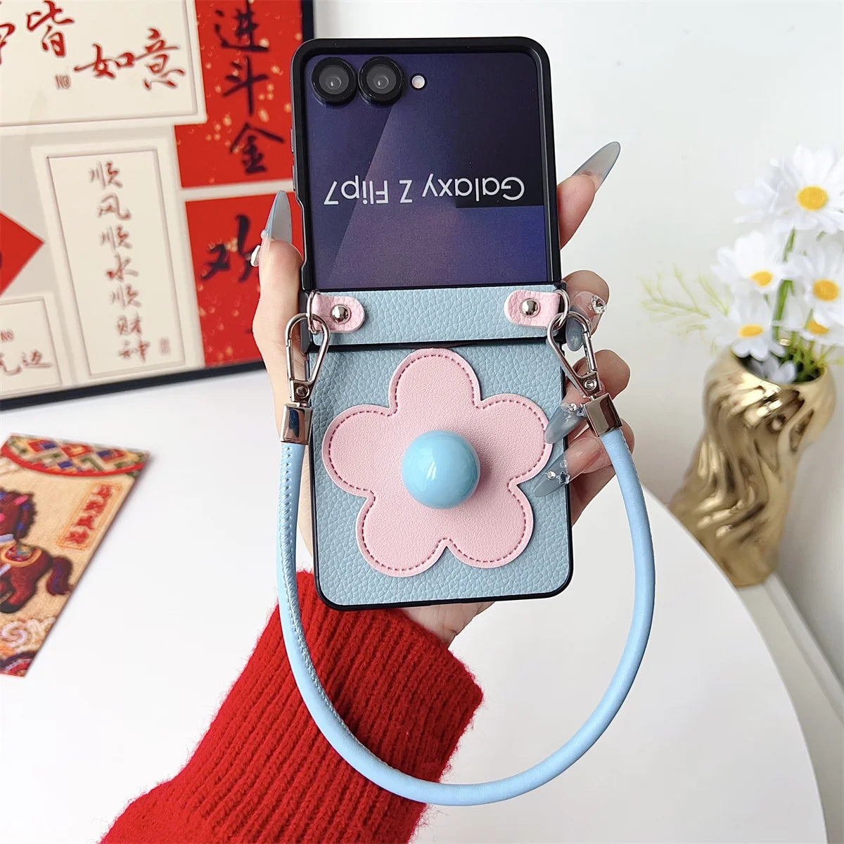 Leather Wristband Z Flip7 3D Flowers Phone Case for Samsung Galaxy Z Flip 7 6 5 4 3 5G Flip7FE Hinge Protective Shockproof Cover