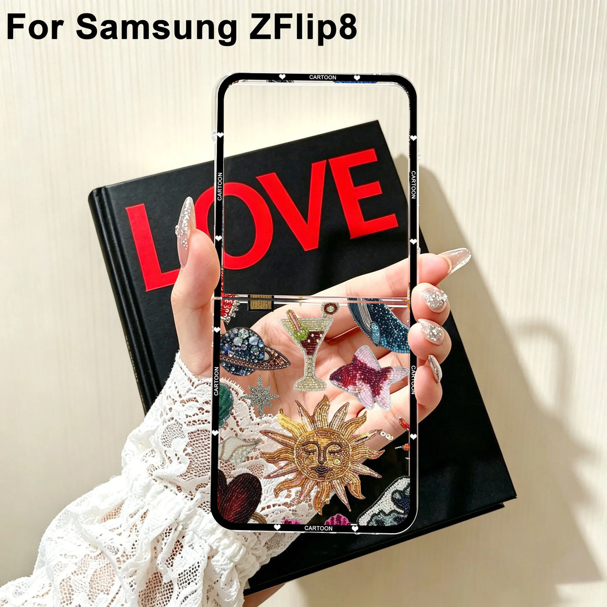 For Samsung Z Flip 8 Beaded Pomegranate Sun Phone Case for Samsung Galaxy Z Flip 8 ZFlip8 Flip8 Clear Hard PC Folding Cover